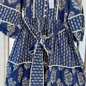 Sandro Navy Printed Long Sleeve Tiered Dress